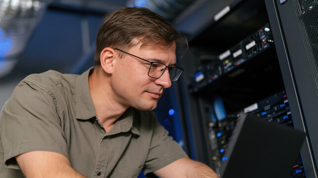 Server room technician inspecting cooling vent in data center
