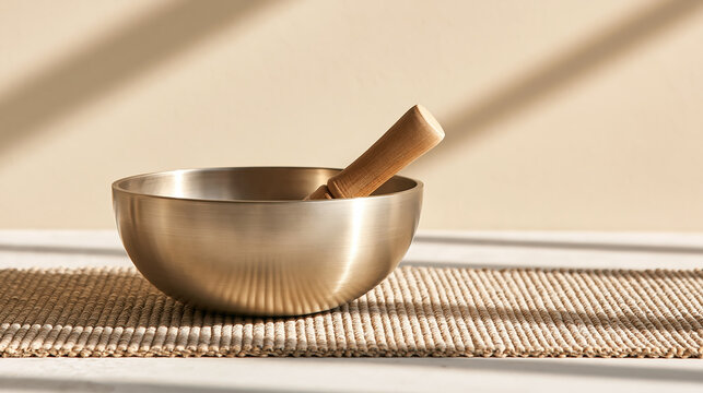 Singing bowl metal bowl meditation bowl sound bowl textured mat wooden mallet wellness concept calm scene minimal style bronze color therapy