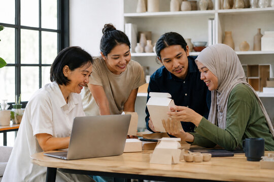 Diverse Southeast Asian Small Business Team Reviewing Sustainable Packaging