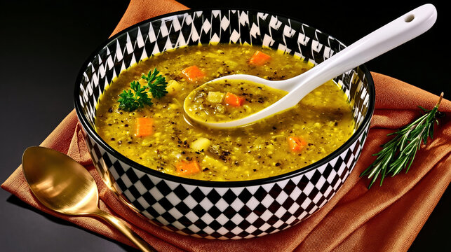 Soup bowl with vegetable soup, spoon, and herbs on cloth