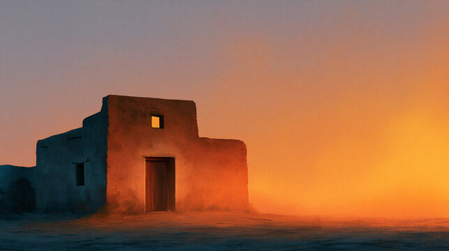 A solitary adobe building stands under a vibrant desert sunset, casting a warm glow across the landscape.