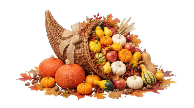 Traditional thanksgiving cornucopia filled with colorful autumn pumpkins gourds and fall leaves isolated on a white background