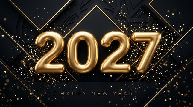 Glossy golden 2027 new year metallic balloons with sparkle background