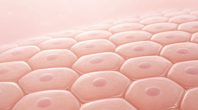 Close-up digital illustration of human skin cells arranged in a hexagonal pattern, showcasing cellular structure and texture.