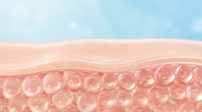 A close-up view of skin surface showing a detailed cross-section of underlying fat cells in soft pink tones.