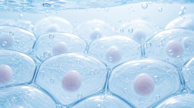 Close-up illustration of translucent cells with visible nuclei surrounded by a fluid environment, representing biological or microscopic cellular structures.