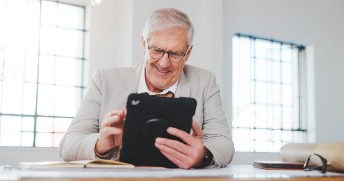 Tablet, research and businessman in office with feedback on property listing, sale or mortgage deal. Digital technology, update and mature real estate agent with email for review on lease agreement.