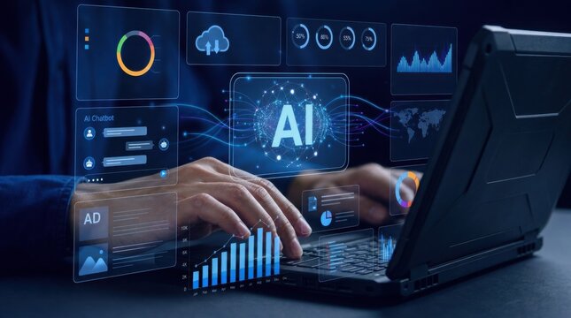 Hands typing on a laptop with futuristic AI and data analytics holograms floating above the keyboard.