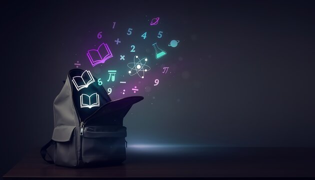 Backpack glowing with creative knowledge, science, math, and learning icons floating above, symbolizing imagination, discovery, and academic inspiration in education.