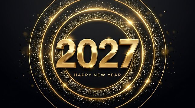 Happy new year 2027 celebration with fireworks and golden sparkles