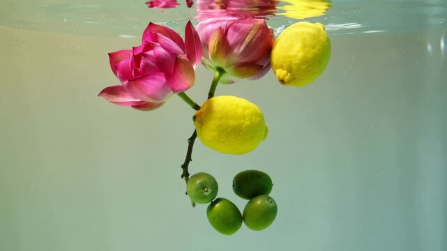 Fresh lemon and lime with pink flower underwater in clear water