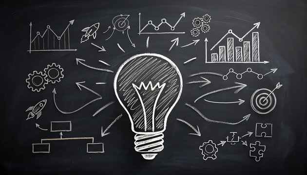 Chalk lightbulb glowing creative inspiration, symbolizing innovative ideas, learning, and growth on a blackboard background with hand-drawn icons and soft warm light.
