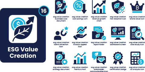 Fototapeta premium ESG value creation icons set showing sustainable business practices, growth, and environmental management strategies