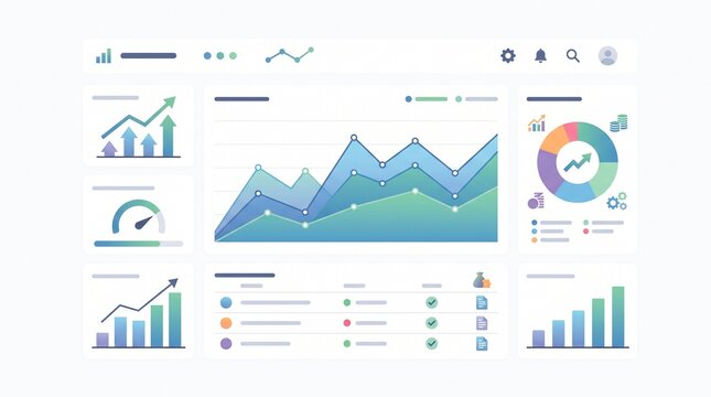 Modern business dashboard interface with various financial charts and data visualization elements for professional analytics.