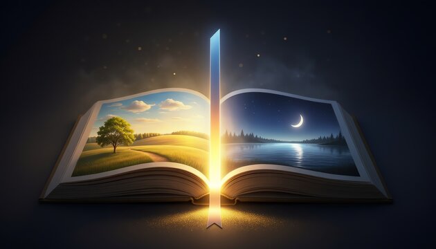 Magical book day night contrast, glowing open pages, split landscape, dreamlike atmosphere, warm sunrise meets serene moonlit lake, imagination and storytelling blend.