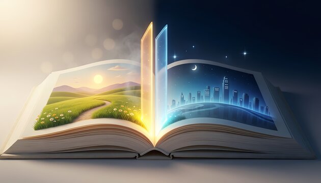 Open book day night contrast, magical landscape reveals serene sunrise and starry night, symbolizing imagination, stories, and the passage of time.