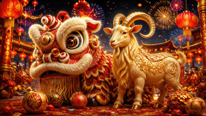 Obraz premium Golden Lion Dance and Goat Celebrate Lunar New Year with Fireworks and Red Lanterns in Festive Fantasy Illustration
