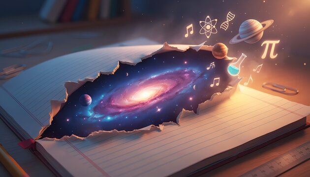 Galaxies emerge from open notebook, planets and symbols float above, blending science, creativity, and learning in a magical, inspiring scene.