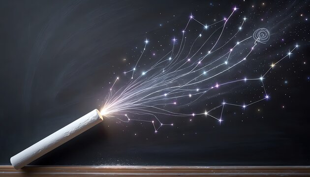 Chalk, draws, magical, cosmic, inspiration with stardust constellations on a blackboard, representing creative education, imagination, and dreaming beyond the classroom.