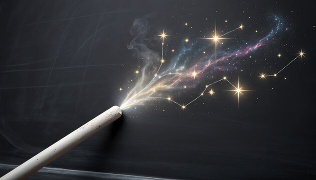 Chalk creativity sparks cosmic inspiration, blackboard bursts into dreamlike space, blending imagination, education, and wonder with glowing pastel constellations and magical lines.