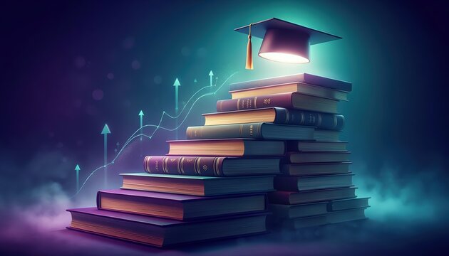 Stacked books glowing graduation hat, upward arrows, misty atmosphere, symbolizing academic growth, achievement, knowledge, career progress, and inspirational educational journey.