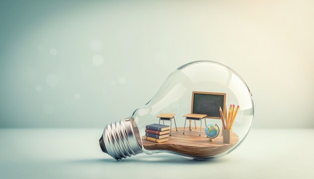 Creative classroom glass bulb concept, symbolizing innovative education, knowledge, and learning in a modern, inspiring environment with books, desks, chalkboard, and pencils.