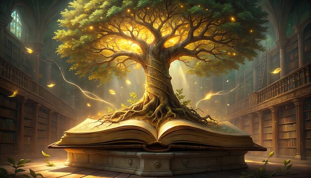 Magical tree grows from book, sparkling lights symbolize imagination, wisdom, creativity, and the transformative power of reading in a cozy library.