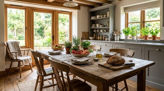 Cozy farmhouse kitchen dining area with wooden table, fresh produce, and garden views