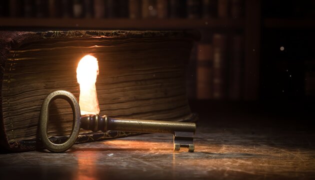 Antique key unlocks glowing secrets, symbolizing discovery, wisdom, and curiosity in a warm, vintage setting with magical light and old books.