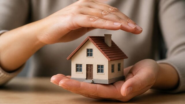 Hands Protecting Small House Model, Home Security Concept