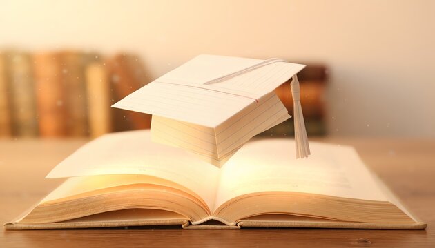 Graduation paper cap atop book symbolizes academic achievement, creativity, and hope in education, highlighted by warm lighting and nostalgic atmosphere.