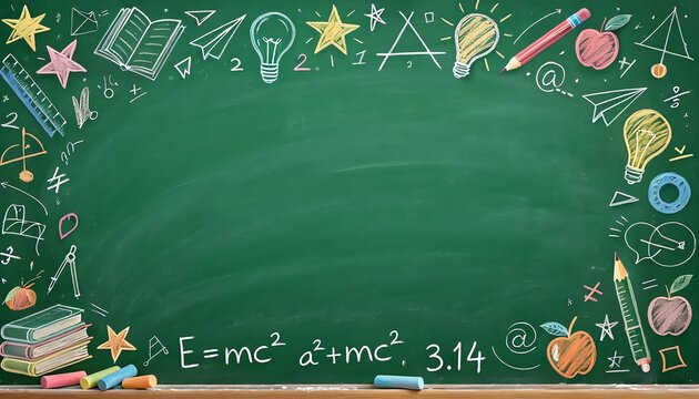 Colorful creative school chalkboard border with drawn books, pencils, apples, and math doodles on a green background, perfect for education or classroom themes.