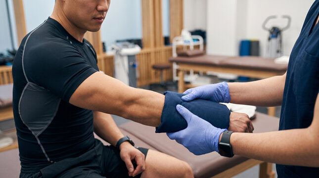 Physical therapist applying a cold or hot pack to a male patient's arm