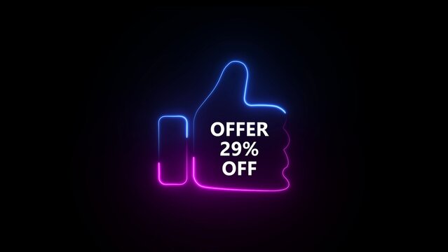 Neon thumbs up symbol with offer 29 percent off text on black background like approval