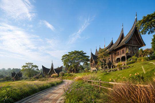 Traditional Minangkabau House Rumah Gadang in West Sumatra Indonesia Village Landscape with Unique Architecture and Lush Greenery