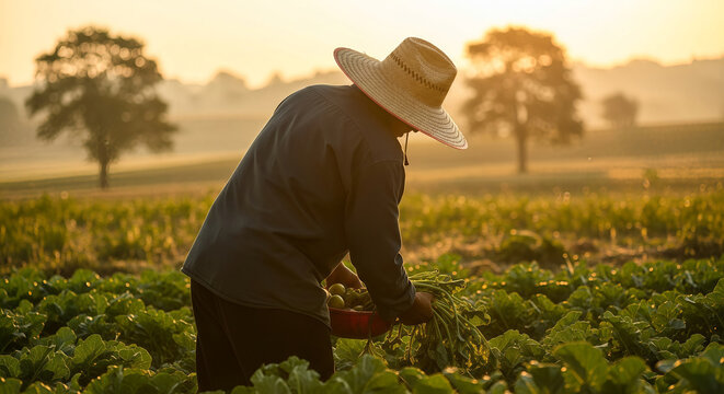Hardworking Farmer Harvesting Fresh Vegetables in Agricultural Field