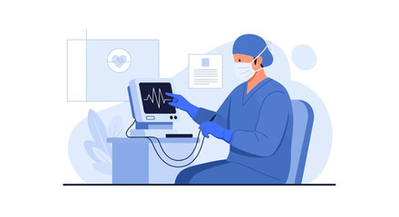 Fototapeta premium Doctor wearing mask and scrubs monitors patient EKG on computer screen
