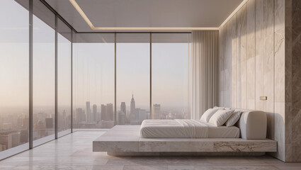 Fototapeta premium Modern Luxury Bedroom with City View - High-Rise Interior Design