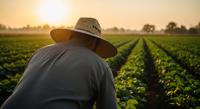 Farmer Wearing Straw Hat Tending to Green Crops in Agricultural Field 