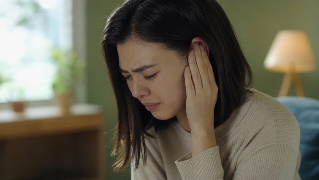 Young woman with severe earache holding ear, otitis and hearing problem at home