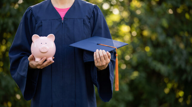 Saving money school graduate holding piggy bank and cap for education fund. Education learning study graduation. back school shopping, finance budget cost planning, scholarship loan