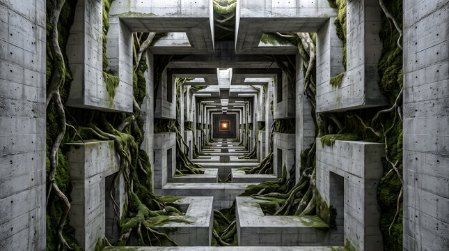 Bio-integrated Brutalist Concrete Maze Architectural Background