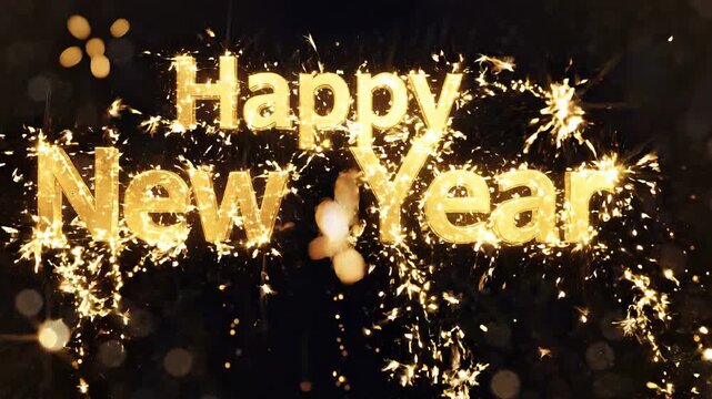 Sparkling gold Happy New Year text with festive light effects on dark background