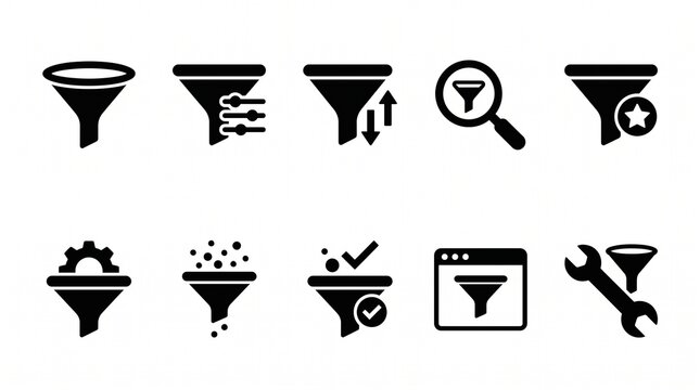 Create a premium filter, search, and data management icon collection featuring 10 modern minimalist filter-related vector icons in a clean flat silhouette style. Design each icon using bold solid blac