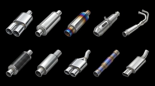 Various car exhaust muffler and tailpipe system parts.