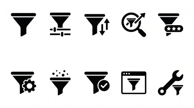 Create a premium filter, search, and data management icon collection featuring 10 modern minimalist filter-related vector icons in a clean flat silhouette style. Design each icon using bold solid blac