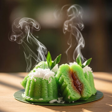 Steaming Hot Traditional Southeast Asian Putu Bambu with Grated Coconut and Palm Sugar Filling