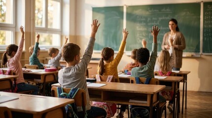 Obraz premium Diverse elementary students raising hands to answer a question in a bright classroom with a teacher standing nearby
