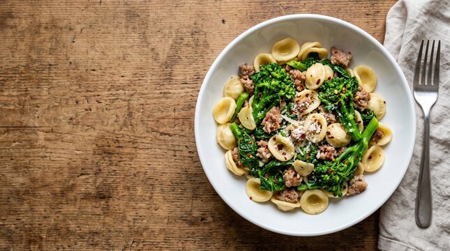 Orecchiette with Broccoli Rabe and Sausage: A delicious bowl of orecchiette pasta, tossed with fresh broccoli rabe and savory sausage, and sprinkled with grated cheese.