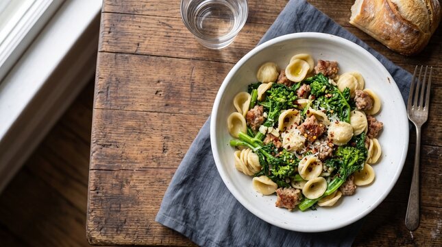 Orecchiette with Broccoli Rabe: A rustic Italian dish of orecchiette pasta tossed with vibrant broccoli rabe, crumbled sausage, and a dusting of Parmesan cheese.